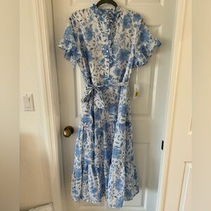 J.Marie Floral Midi Dress, Blue & White, Size L (12,14)